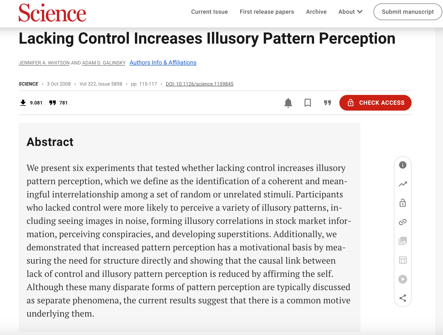 portada revista Science, article falta de control i il·lusió de deteccio de patrons Whitson i Galinsky. Al post de litteram